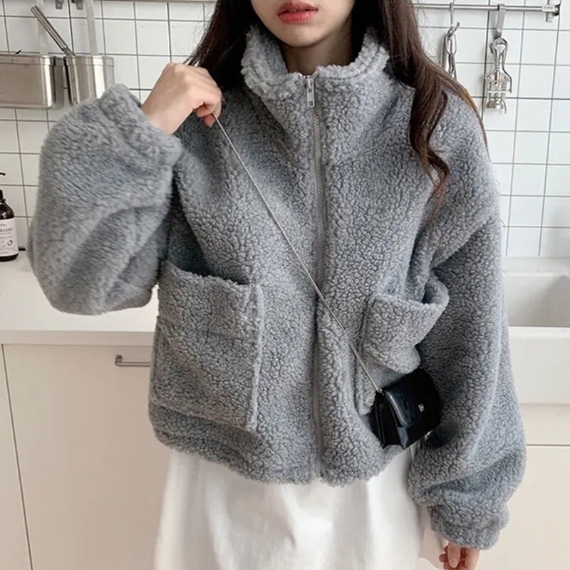 Korean Chic Retro Half Turtleneck Cardigan Sweatshirt for Women Autumn and Winter Fleece-Lined Thickeneded Loose Short Imitation Cashmere Jacket