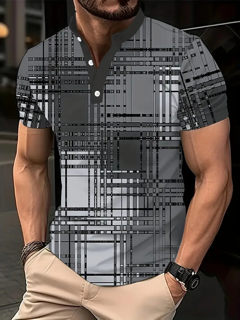 Nuevo estilo transfronterizo de verano 3d geométrico cubo estampado cuello alto botón de manga corta polo playa casual ME13