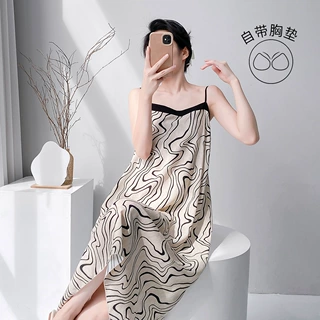 夏季无袖一字领印花棉绸睡裙女中长款可外穿显瘦家居服撞色连衣裙