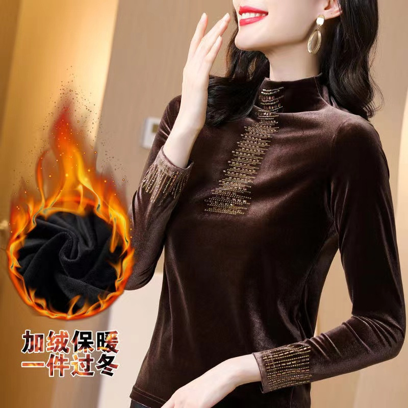金丝绒加绒加厚打底衫秋冬新款半高领保暖衣烫砖百搭长袖t恤上衣