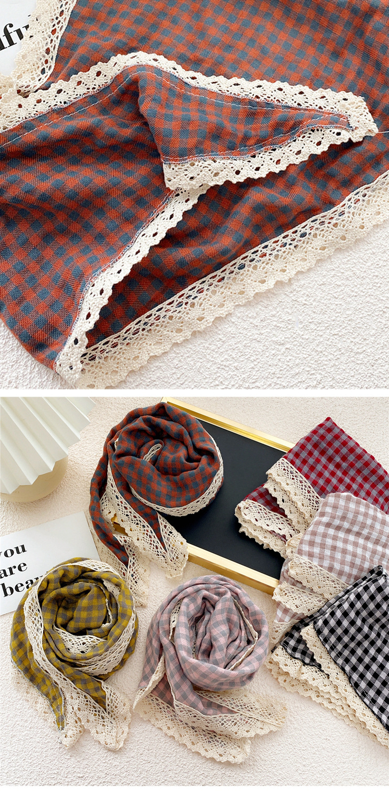 Nihaojewelry Wholesale Fashion Plaid Cotton And Linen Lace Edge Scarf display picture 1