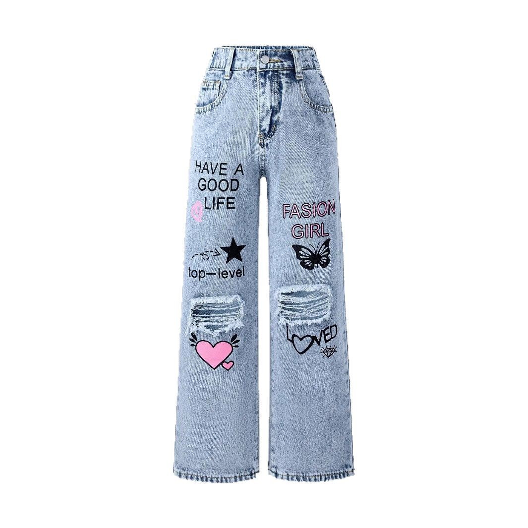 Girl's Snowflake Washed Ripped Print Wide Leg Jeans_voghion.com