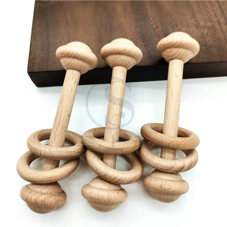 Wooden Baby Toy Rocking Rattle & Teether, natural wood, safe newborn grip