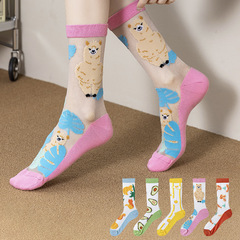 Wholesale Spring and Summer Personality Glass Fiber Socks for Girls, Ins Trend Medium Calf Socks, College Style Simple and Thin Socks