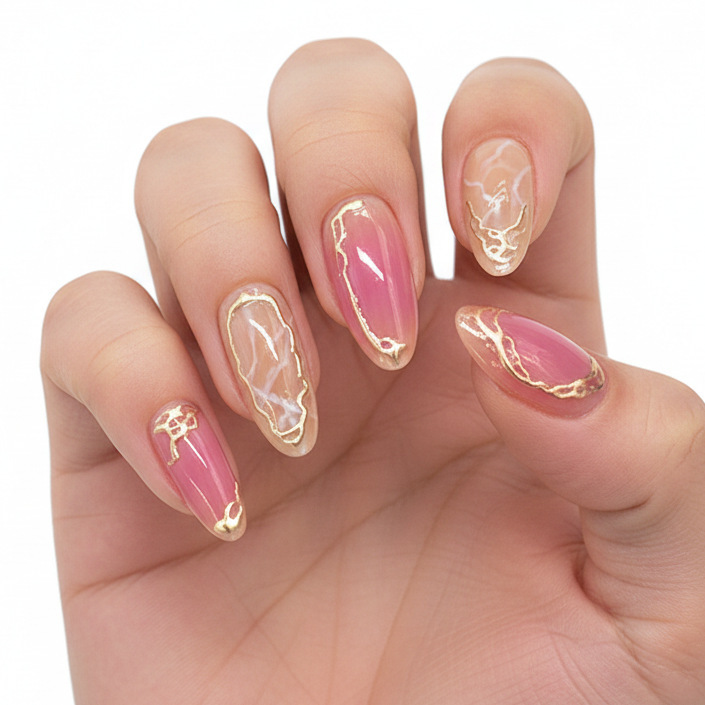 30 Pieces of Pre-Made Nails in Nude Pink with Gradient Effect, Gold-Plated Almond Nails, Simple Everyday Wear, Whitening Effect, Wearable Manicure