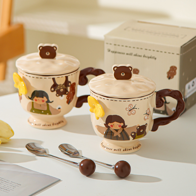 Retro chica taza de pie alto caja de regalo mariposa alta sensación de taza de cerámica con tapa de regalo de cumpleaños de chicas