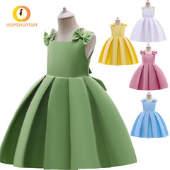 六一童裙歐美新款緞布純色六一走秀鋼琴演出主持人女童禮服公主裙