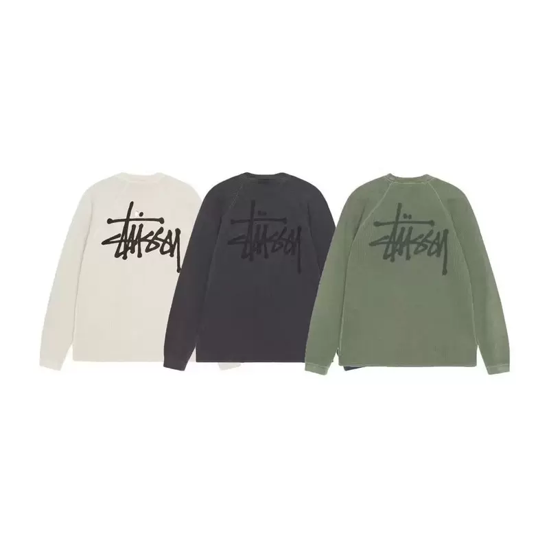 เสื้อยืดผ้าฝ้ายบาง แขนยาว ลายวาฟเฟิล แขน Raglan ซักน้ำยา พร้อมโลโก้ คอลเลกชันฤดูใบไม้ร่วง 2025 สไตล์อเมริกัน Stu