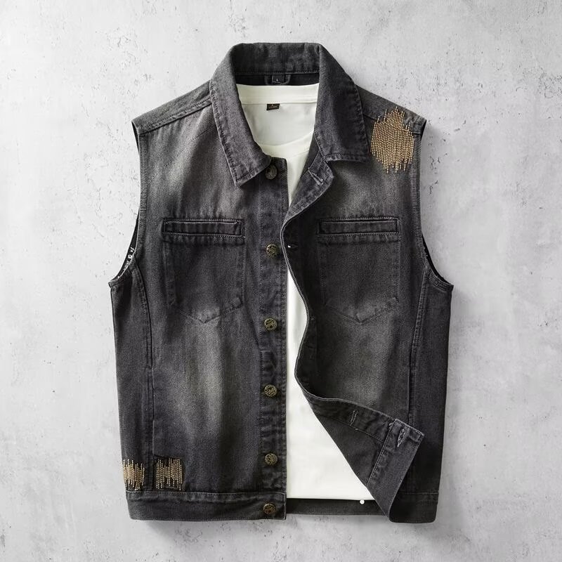 Trendy Brand Heavy-Duty American Retro Layered Denim Vest for Men, Spring and Autumn High-End Washed Vintage Vest Jacket