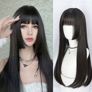 Tiktok Princess Cut Bangs Full Head Wig Long Straight Hair Ji Fa Style Hairpiece Wig in Stock High Crown