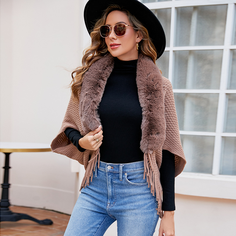 Wool-neck knitted tassel cape coat women with a fashion cape_voghion.com
