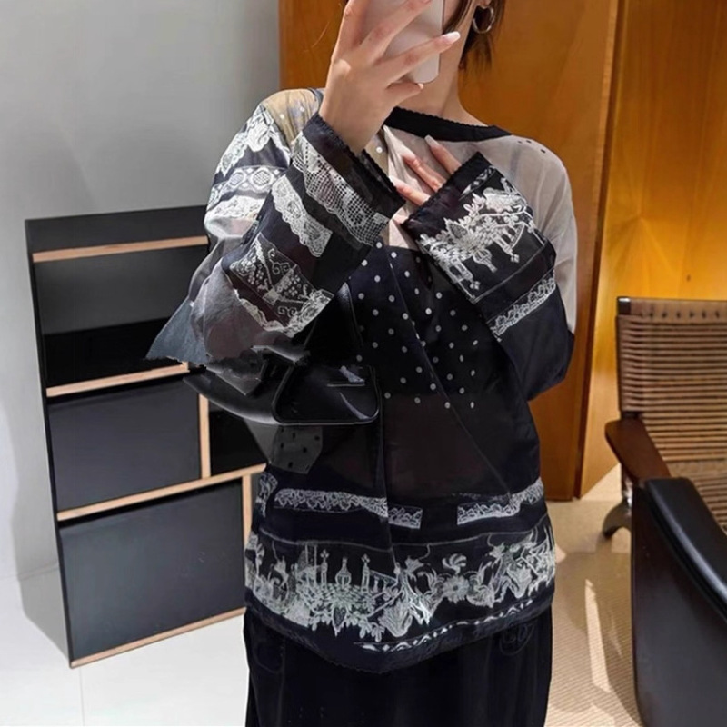 知性复古印花宽松轻薄丝棉微透T恤长袖精致花边罩衫打底单穿上衣|undefined