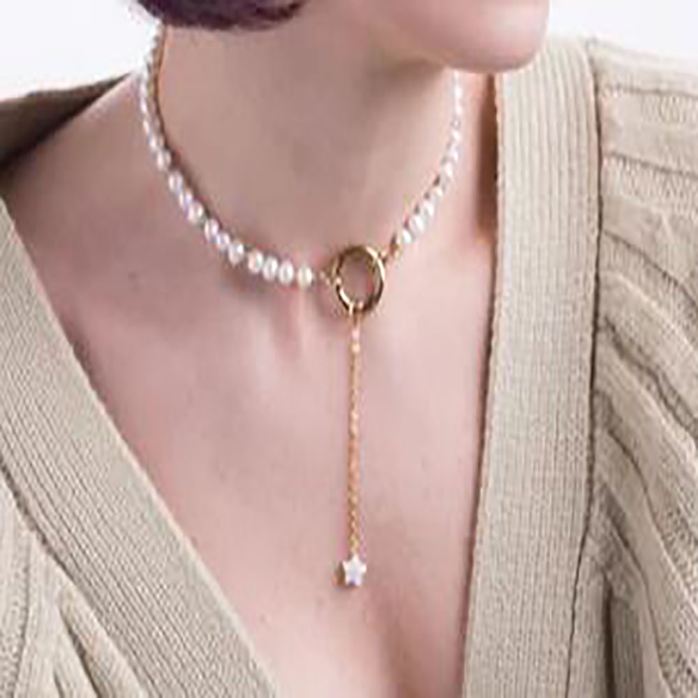 欧美跨境珍珠串珠拼接圆环星星吊坠项链简约时尚锁骨链女款