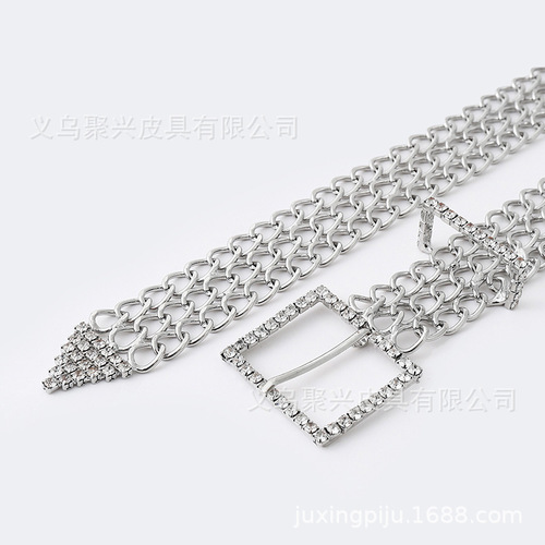 Diamond-embellished metal belt with square buckle, European and American fashion women's accessory for jeans