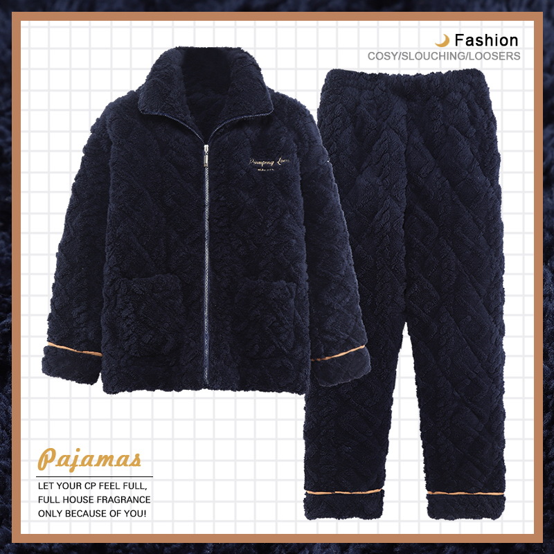 Jiao Caimeng pijamas de pareja de invierno coral polar de tres capas acolchadas engrosadas franela de hombres y mujeres estilo coreano Otoño e Invierno