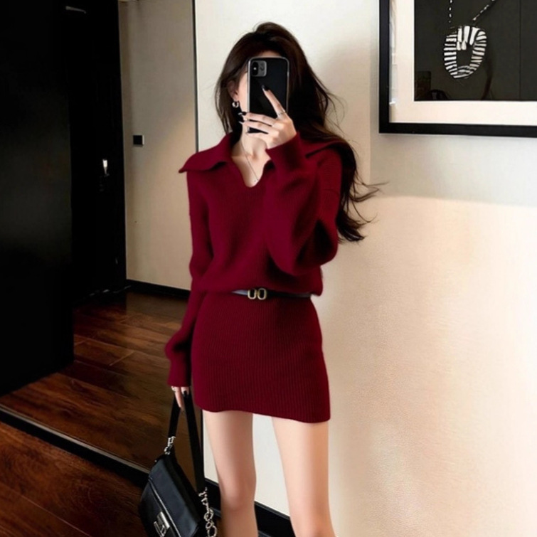 Lazy Style Red Knitted Hip-Hugging Dress for Women 2025 Autumn and Winter New Style Petite Elegant Waist Sweater Short Skirt Lazy Style Red Knitted Hip-Hugging Dress for Women 2025 Autumn and Winter New Style Petite Elegant Waist Sweater Short Skirt