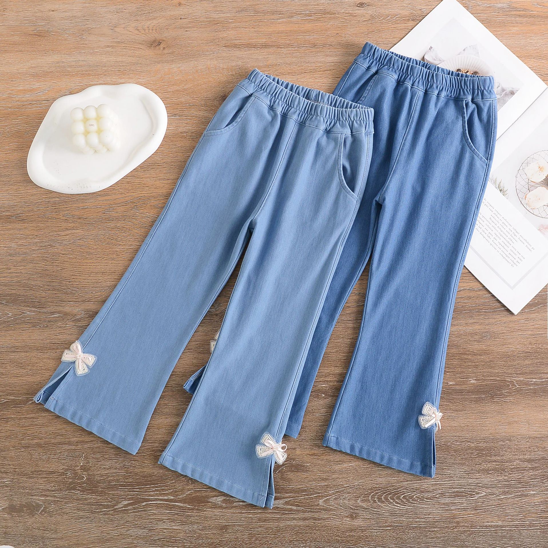 2024 girls' all-match summer high elastic knitted stretch jeans girls' split wide-leg pants moisture wicking