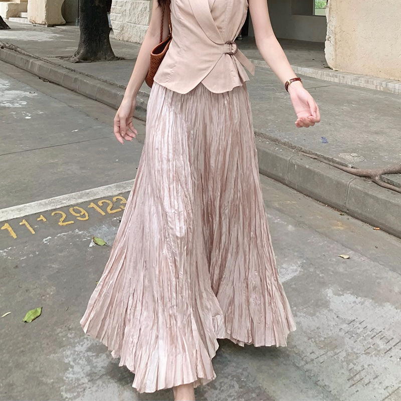 【Special Offer, No Returns or Exchanges】"Ripples of Light" Quiet Luxury Relaxed Elastic Waist Large Pleated Skirt 85437
