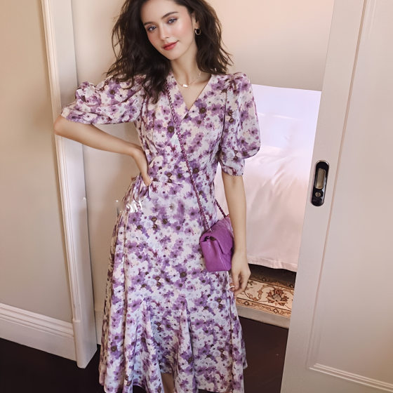 French Retro Style Tea Break 2025 Chiffon Sister Dress Purple Floral Bubble Sleeve dress Children Summer