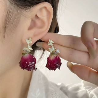 轻奢高级感微镶锆石蝴蝶永生花耳环 甜美森系贝珠银针耳饰女批发