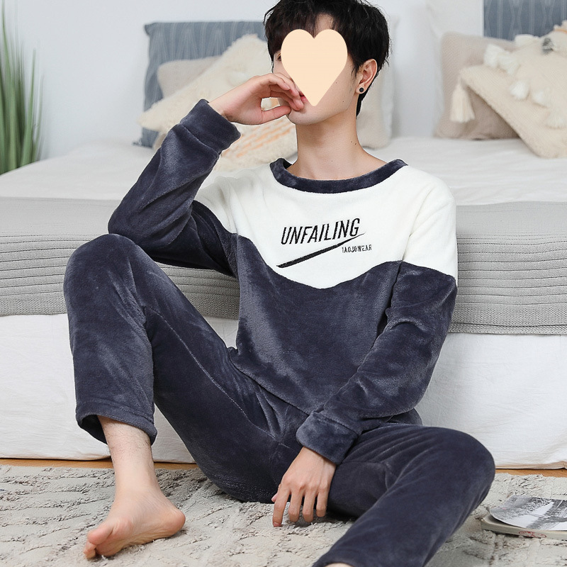 남성용 잠옷 겨울 플란넬 플러스 벨벳 두꺼운 프리미엄 양면 벨벳 겨울 청소년 남성용 홈웨어 세트