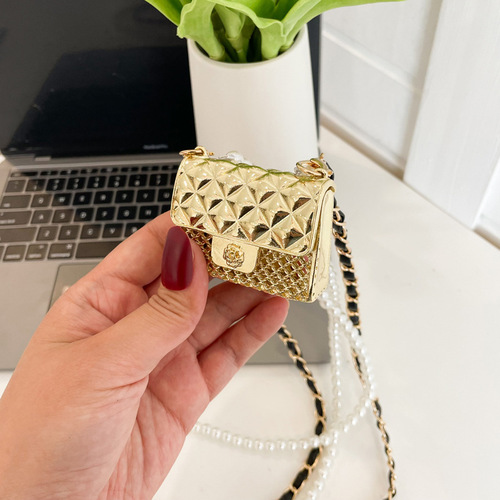 Women's Small Scandalous Style Metal Engraved Mini Pearl Chain Gingham Crossbody Bag Necklace Accessory Bag  Model
