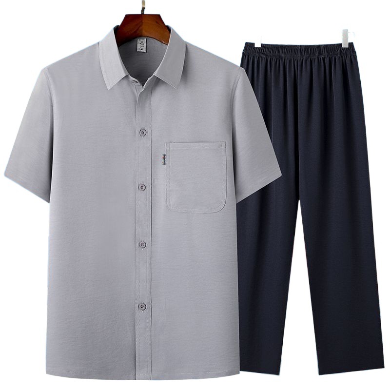 Men's Clothing Dad summer two piece suit middle aged and elderly men's short sleeved shirt 60 year old grandfather shirt thin casual suit_desvips.com