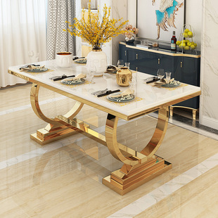 Modern Light Luxury Marble Dining Table and Chair Combination Italian Rectangular Dining Table and Chairs Simple Household Stainless Steel Dining Table