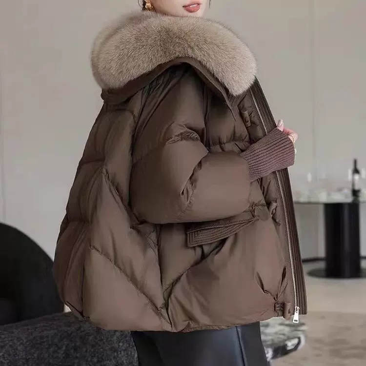 加厚工厂批发平湖狐狸毛超大白鹅绒皮草外套领高端羽绒服女中长款