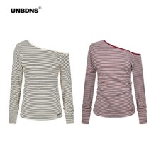 UNBDNS甜辣红色条纹斜肩T恤女2025秋季气质收腰休闲露肩长袖上衣
