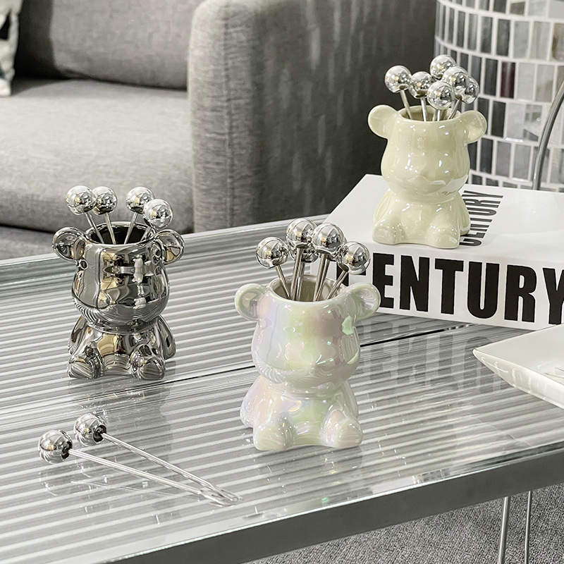 Cute Fruit Fork, Luxurious Minimalist Fork, Ceramic Storage Jar, Household Stainless Steel Fruit Skewers, Little Bear Fork and Jar Set, Dessert Fork