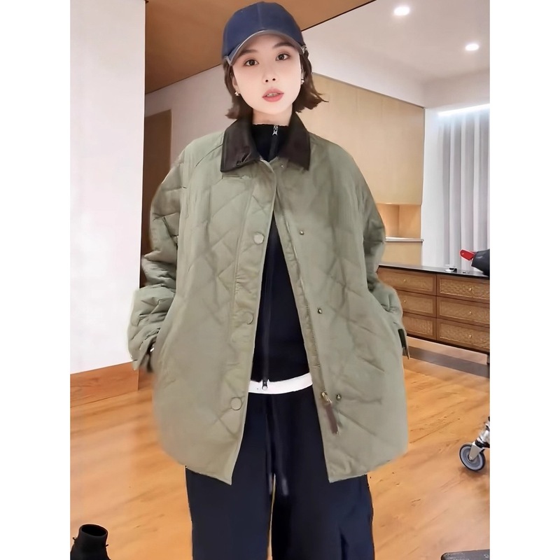 欧货时尚百搭菱形格棉服女2025冬季新款宽松休闲翻领保暖棉衣外套|undefined