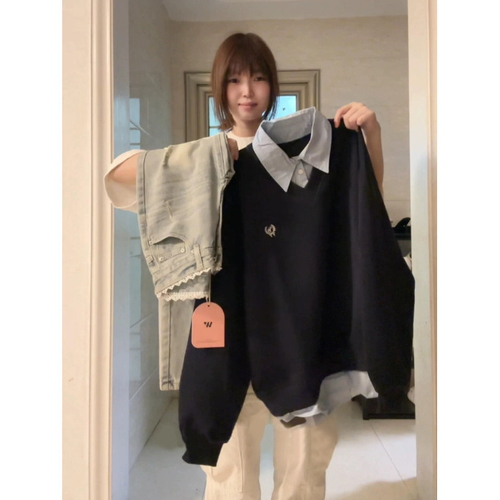 376#【广州纯棉华棉复合】2个颜色，薄款# 前面刺绣  卫衣假两件|undefined