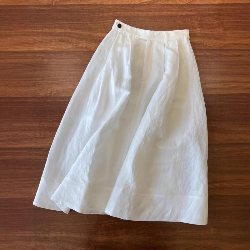 Old Money Style White Linen Skirt for Women, New Summer Model, Skin-Friendly, Breathable, High-Waisted A-Line Umbrella Skirt