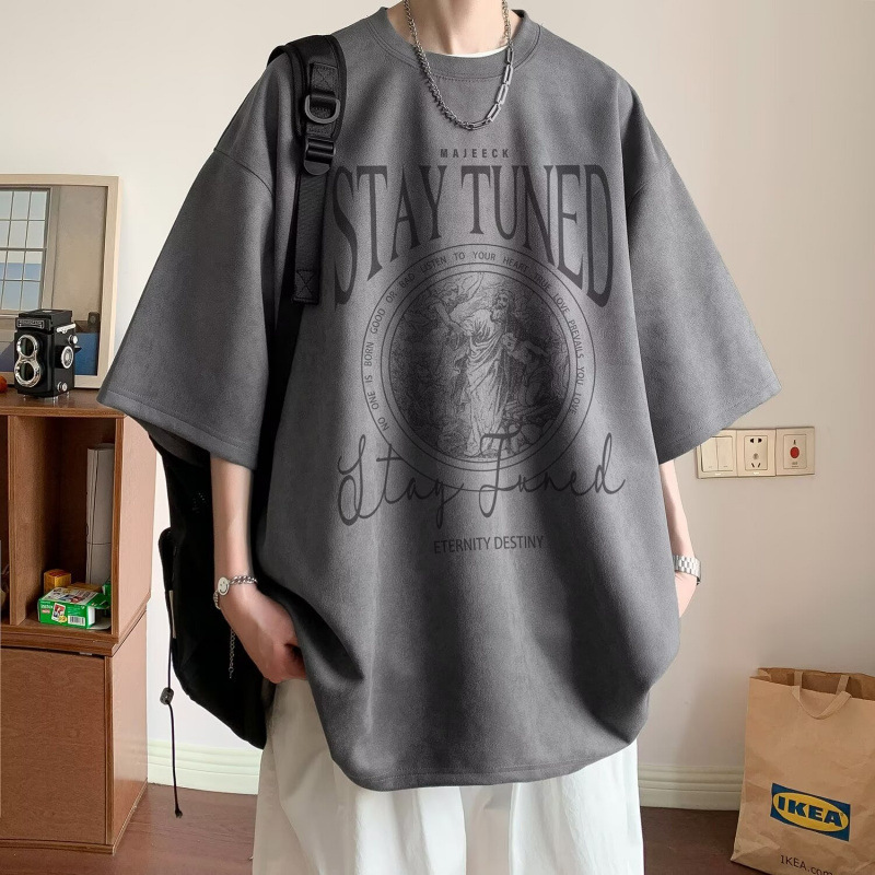 2025新款仿麂皮短袖男夏季新款美式重磅潮牌宽松半袖T恤五分袖潮|undefined