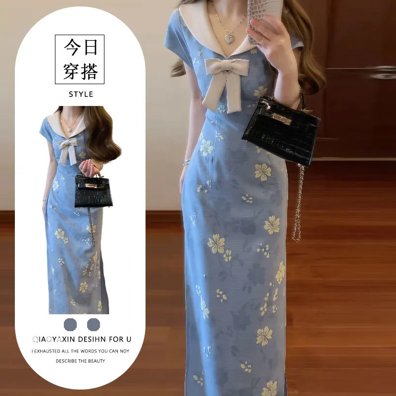 2025 Summer Outfit for Slightly Chubby Women: New Chinese Style Doll Collar Improved Cheongsam Dress with Waist-Cinching Elegant Long Skirt 2025 Summer Outfit for Slightly Chubby Women: New Chinese Style Doll Collar Improved Cheongsam Dress with Waist-Cinching Elegant Long Skirt