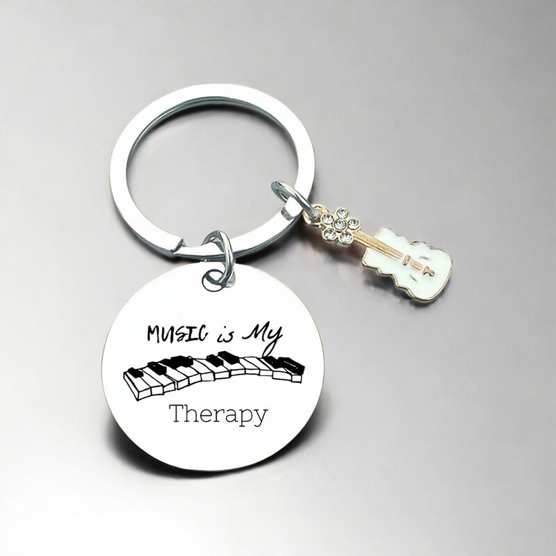 European and American Hot Sale Sunflower Guitar Note Keychain Inspirational Gift Round Brand Long Stainless Steel Pendant Gift
