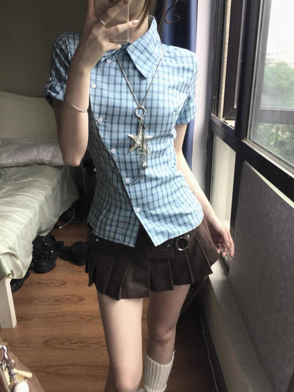 蓝色格子短袖衬衫女夏季2025新款撞色格纹衬衣设计感小众收腰上衣|undefined