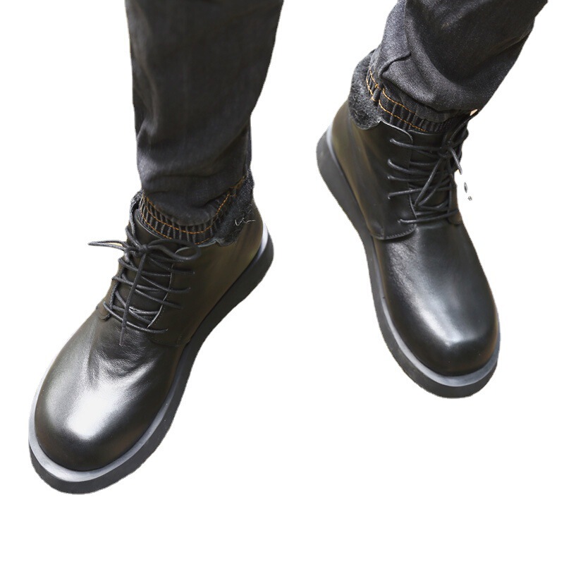 Men's High-Top Lace-Up Shoes Made of First-Layer Cowhide Leather, Suitable for Business, Autumn and Winter, with High Heels, Casual Men's Boots, Available in Two Types: Fleece Lining or Single Lining