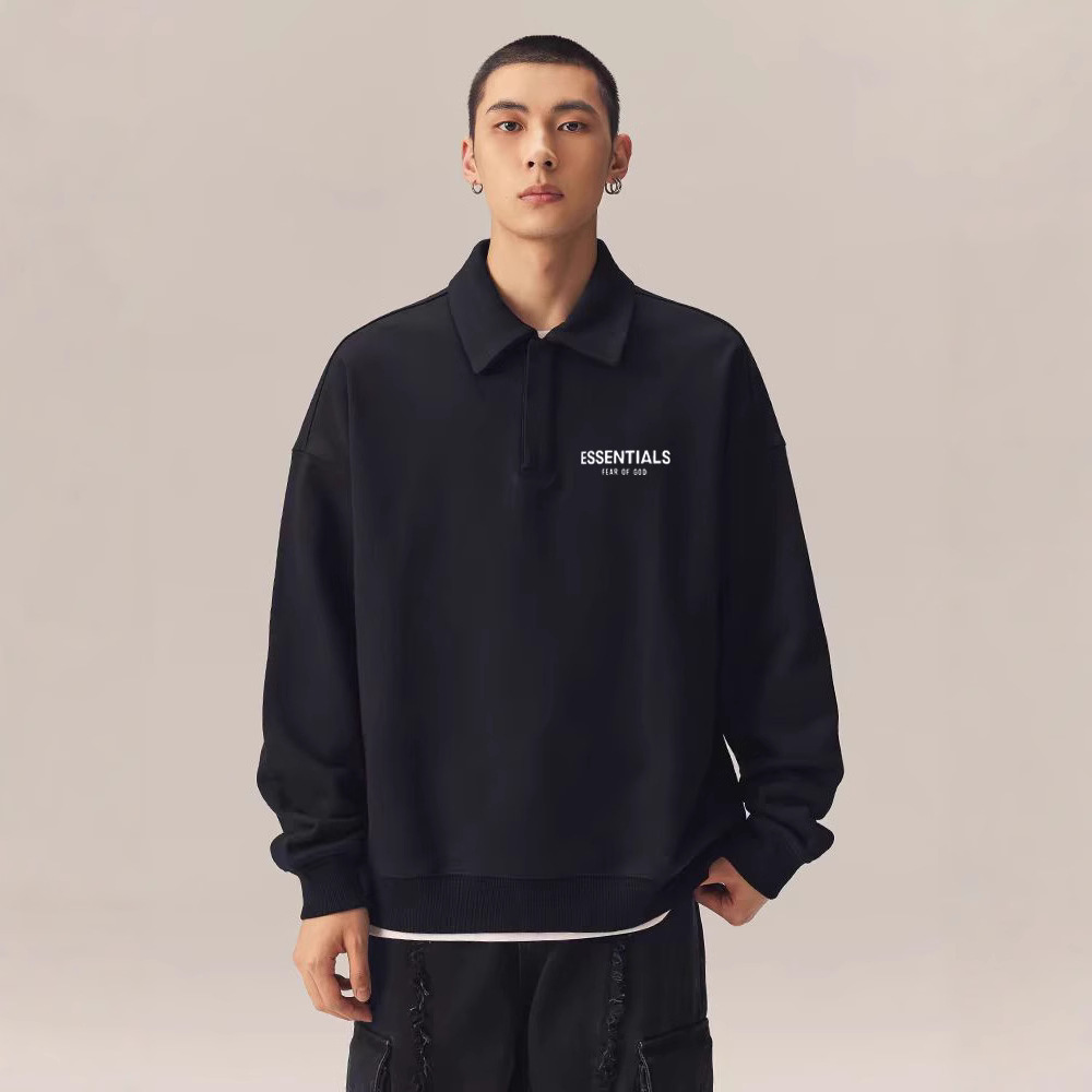 Autumn and Winter New ESSENTIALS fleece-lined Polo Collar Sweat Back Large Printed Simple All-match Men's and Women's Top