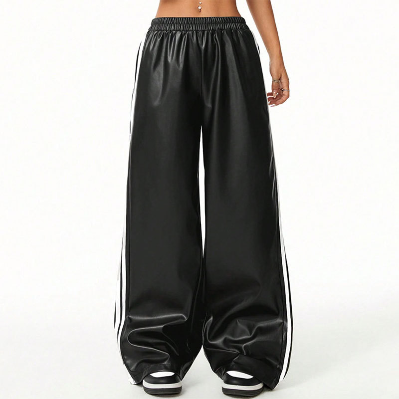 AC794亚马逊跨境女款新款潮流束脚侧边条休闲时尚街头阔腿皮裤