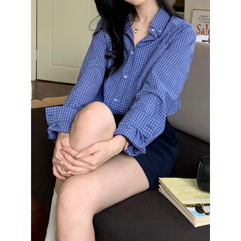 (2개) 미우 무이 셔츠 초가을 레트로 블루 체크 셔츠 여성용 느슨한 게으른 긴 소매 탑 2024 새로운