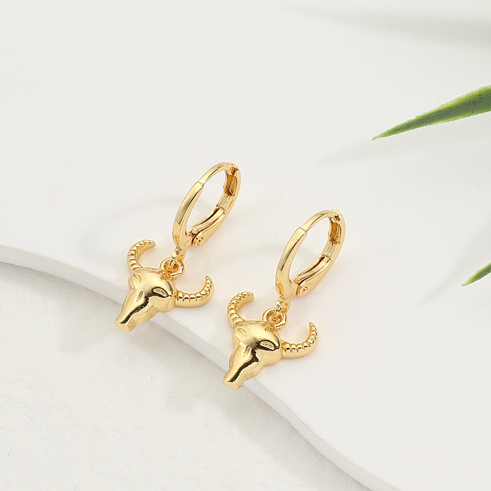 Hip-Hop Bull Head Copper Gold Plated Earrings 1 Pair