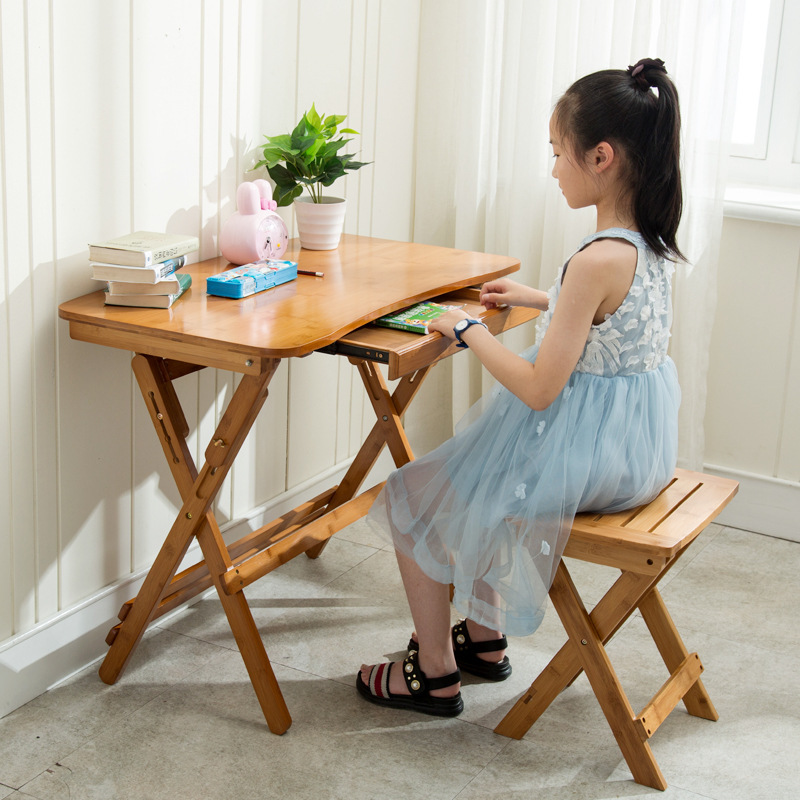 Children's Study Table Set, Children's Foldable Writing Desk, Student Baby Desk, Desk and Chair, Home Bamboo