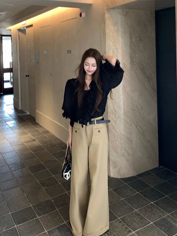 Early Autumn Korean Style High-End Pure Desire Style Shirt for Women, Black Ruffled Tie-Up Slim-Fit Loose Long-Sleeve Top Early Autumn Korean Style High-End Pure Desire Style Shirt for Women, Black Ruffled Tie-Up Slim-Fit Loose Long-Sleeve Top