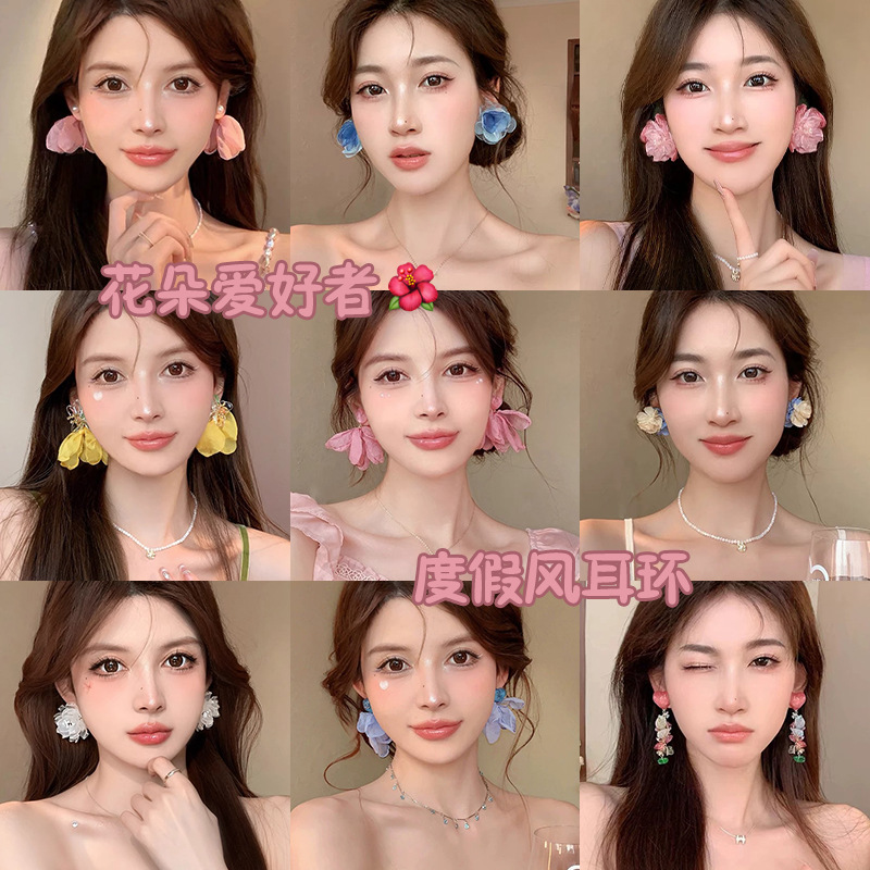白色雪纺花朵高级耳环大圆脸大2025年超火新款小众耳饰超仙女耳钉