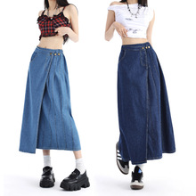 韩系休闲牛仔百褶半身裙女夏季新款高腰不规则设计感小众a字裙子