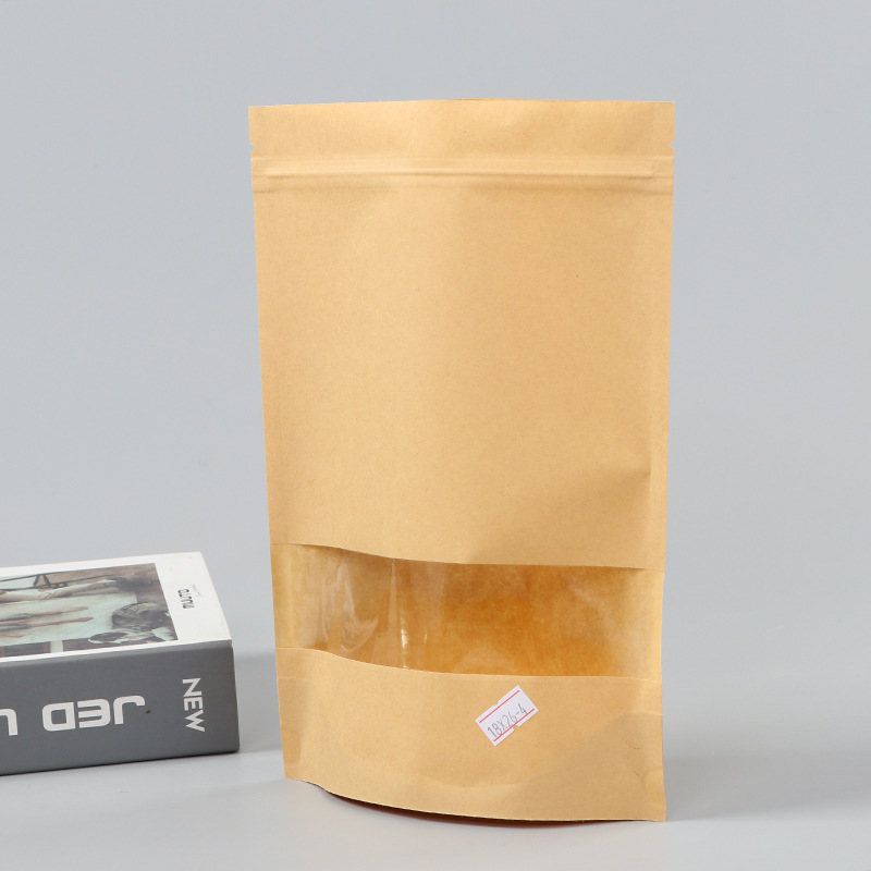 Spot bolsa de papel kraft con ventana transparente bolsa de embalaje de alimentos autosellada autoportante bolsa de té sellada de ocho lados fácil de rasgar