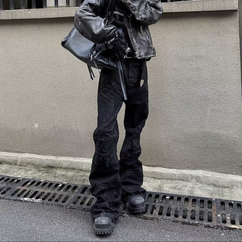 American Vibe Style Coated Waxed Motorcycle Armor Spliced Pleated Jeans Silhouette Wide-Leg Casual Pants Men's Trendy American Vibe Style Coated Waxed Motorcycle Armor Spliced Pleated Jeans Silhouette Wide-Leg Casual Pants Men's Trendy