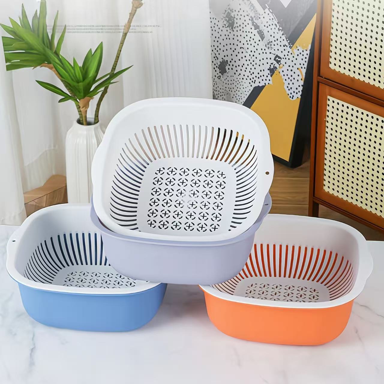 加大加厚带挂钩双层沥水篮家用厨房沥水篮水果篮洗菜篮方形沥水篮